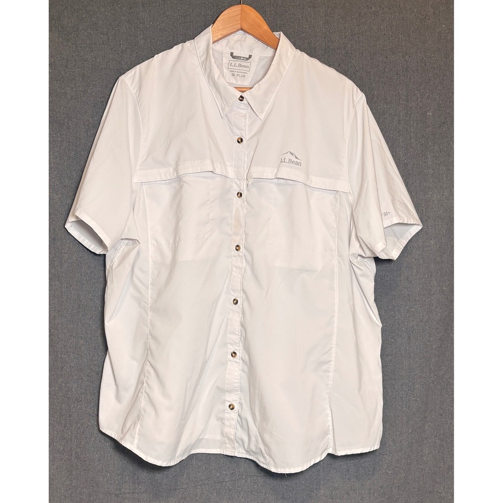 LL Bean Womens 3X Plus White Short Sleeve UPF 50+ Hiking Fishing Shirt 515896